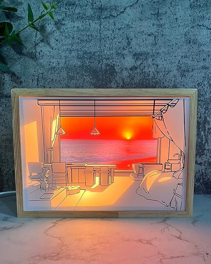 Decorative Lamp on Desk, Warm Seaside Design Desktop Illustration Light, USB Low Power Desk Lamp with Morning/Afternoon/Sunset 3 Modes - LeafyLoom