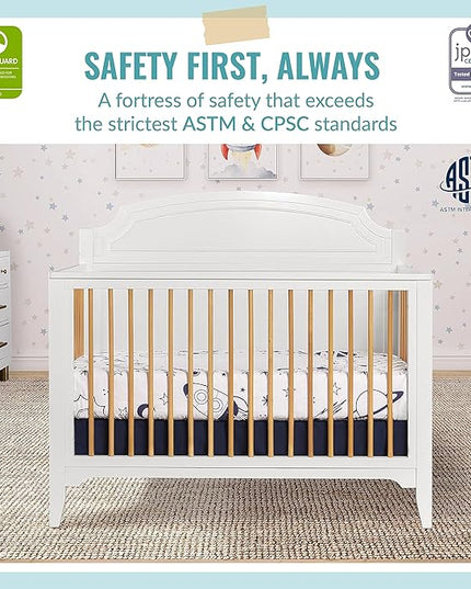 JPMA & Greenguard Gold Certified Milton 5-in-1 Convertible Crib Made with Sustainable New Zealand Pinewood in White and Natural, Non-Toxic Finish - LeafyLoom