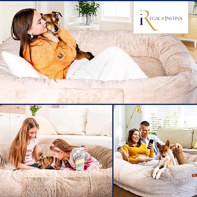Human Dog Bed for Adult - Giant Dog Bed for Humans – Fluffy with Washable Cover, Nonslip, Waterproof Lining, Storage Pockets, Soft blanket – Ideal for Adults and Kids, Sized to Fit Small to Large Pets LeafyLoom