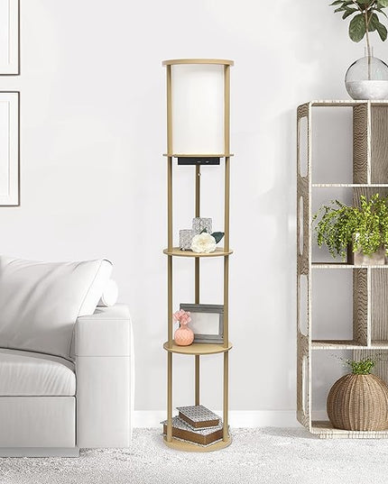Simple Designs LF2010-TAN 62.5" Round Modern Shelf Etagere Organizer Storage Floor Lamp with 2 USB Charging Ports, 1 Charging Outlet and Linen Shade for Living Room Bedroom Office, Tan - LeafyLoom