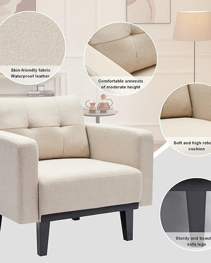 Mid-Century Accent Chair,Beige Linen Fabric Armchair for Living Room,Oversized Upholstered Single Sofa Chair for Bedroom Office Study,Comfy Accent Chairs with Wood Legs, Beige - LeafyLoom