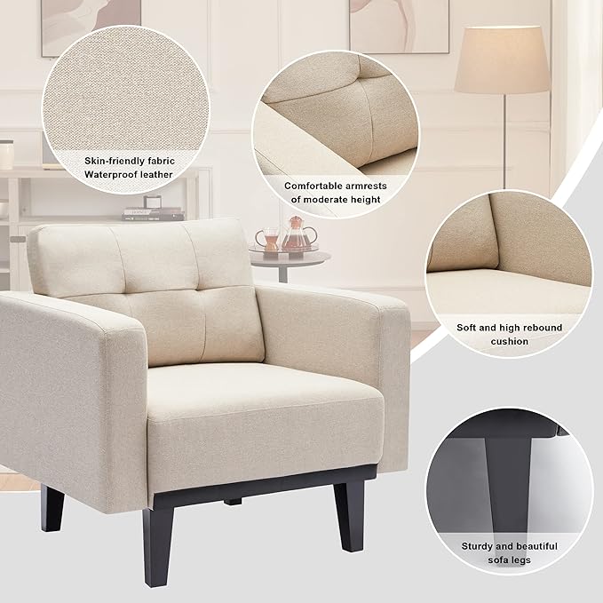 Mid-Century Accent Chair,Beige Linen Fabric Armchair for Living Room,Oversized Upholstered Single Sofa Chair for Bedroom Office Study,Comfy Accent Chairs with Wood Legs, Beige - LeafyLoom