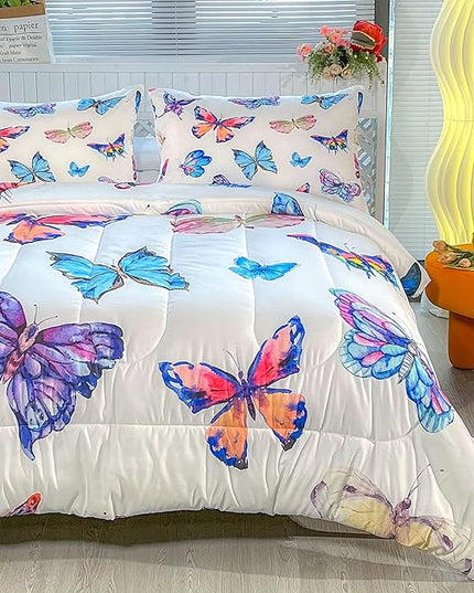 CVHOUSE Bedding Set, Queen, Butterfly Design for Girls Kids Teens, 1 Comforter and 2 Pillow Cases - LeafyLoom
