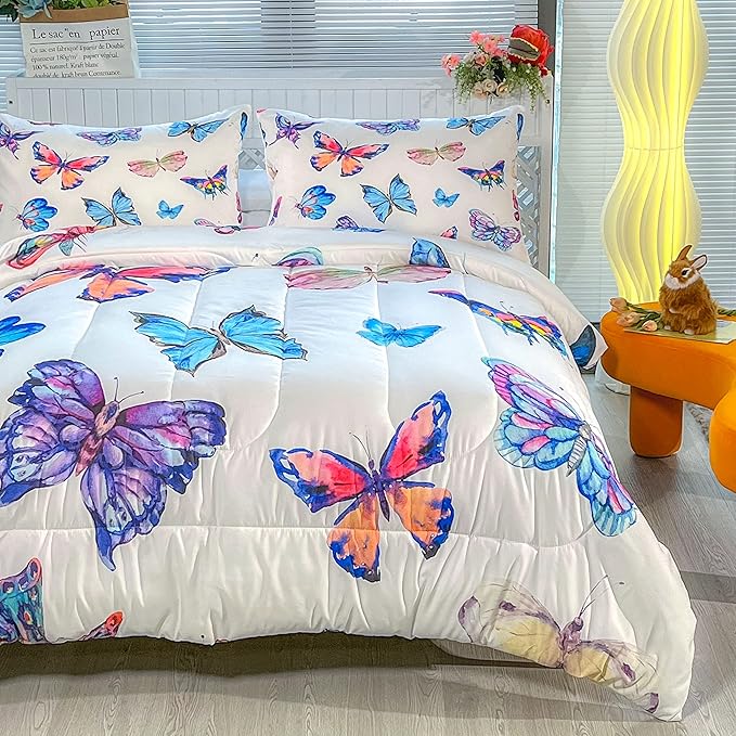 CVHOUSE Butterfly Bedding Set,Butterfly Comforter Twin,Butterfly Comforter Set for Girls Kids Teens,Butterflies Quilt Set with 1 Comforter and 2 Pillow Cases - LeafyLoom