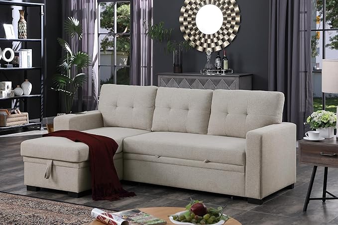 92" L-Shape Sectional Sofa with Storage Chaise Pull-out bed, Linen Tufted Upholstery Corner Couch W/Side Open Cup Holder for Living Room, Apartment,Office,Home Furniture Sets,Light Gray - LeafyLoom