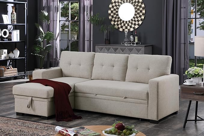 L Shaped Sectional Sofa Storage Chaise, Upholstered Convertible Couch Pull Out Sleeper Bed, Armrest with Hidden Shelves, USB Port & Cup Holder for Living Room Apartment, Light Gray, 92 - LeafyLoom