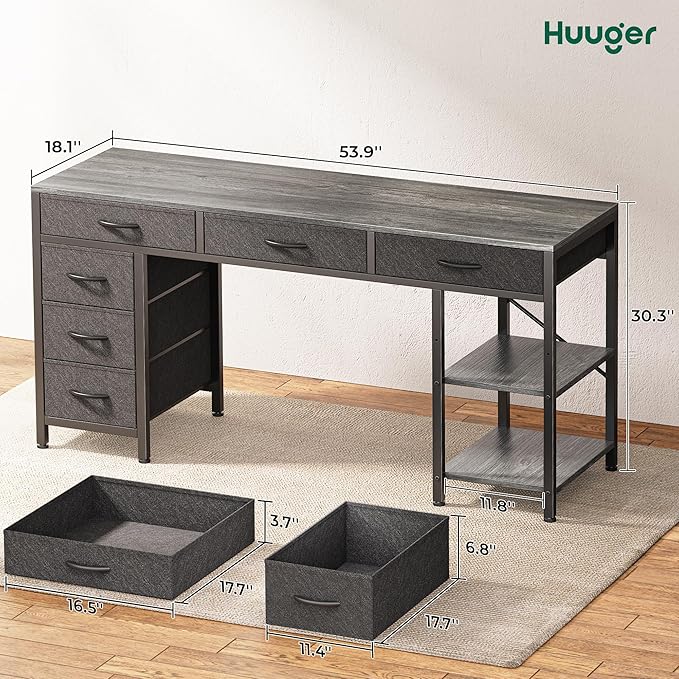 Computer Desk with 6 Drawers, 47 Inch Office Desk with Shelves, Reversible Gaming Desk, Corner Desk with Storage, Work Desk for Home Office, Study, Living Room, Gray - LeafyLoom