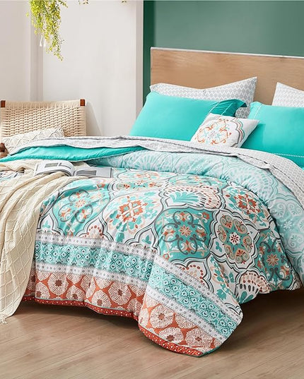 Degrees of Comfort Twin Bed in A Bag 6 Piece, Lattice Boho Bedding Sets for Teen Girls, Aqua Floral Bed Set, Microfiber Colorful Comforter Set with Sheets, Matching Decorative Pillow - LeafyLoom