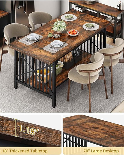 DWVO 70.8" Large Kitchen Dining Table for 6-8 People, Farmhouse Industrial Kitchen Table with Storage, Rectangle Apartment Dinning Room Dinette Tables for Eating Dinner, Rustic Brown - LeafyLoom