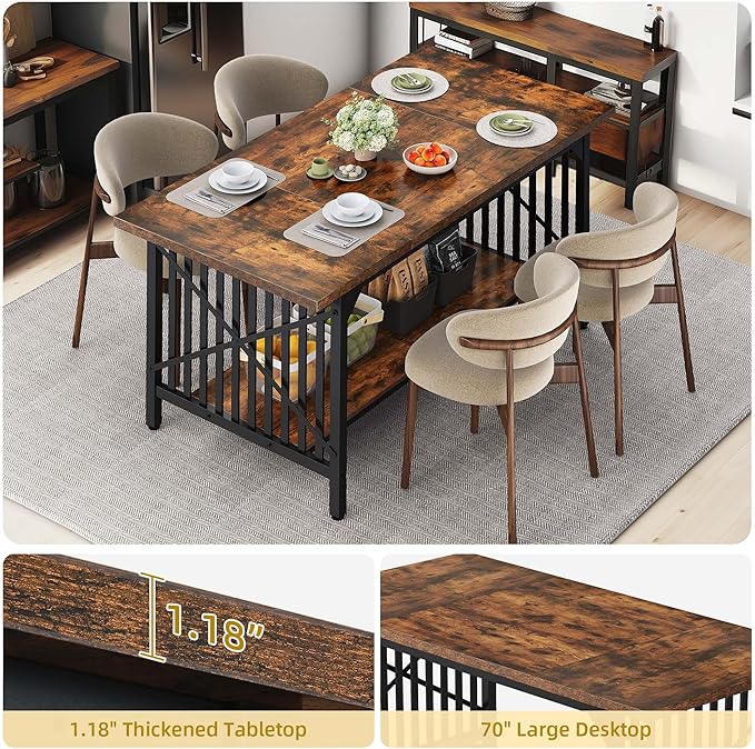 DWVO 70.8" Large Kitchen Dining Table for 6-8 People, Farmhouse Industrial Kitchen Table with Storage, Rectangle Apartment Dinning Room Dinette Tables for Eating Dinner, Rustic Brown - LeafyLoom