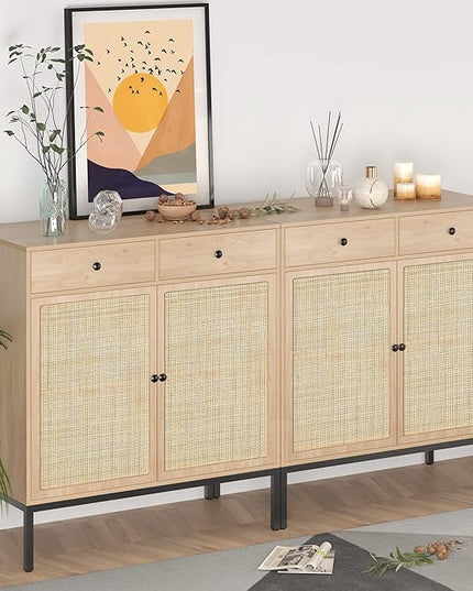 XIAO WEI Set of 2 Sideboard Cabinet with Handmade Natural Rattan Doors and Drawers, Rattan Cabinet Console Table Buffet Cabinet, for Kitchen, Living Room, Hallway, Entryway, Natural - LeafyLoom