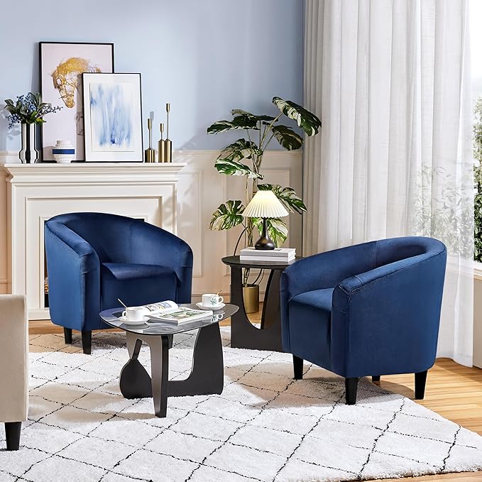 Yaheetech Velvet Club Chair, Modern Tufted Accent Chair with Armrest, Upholstered Barrel Chair with Solid Legs for Living Room/Bedroom/Study/Waiting Room, Navy Blue - LeafyLoom