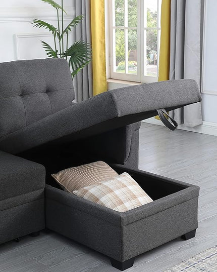 LOVMOR L-Shape Reversible Linen Fabric Sleeper Sectional Sofa with Storage Chaise, Dark Gray Corner Couch with Arms for Living Room, Home Furniture, Apartment, Dorm, 84 Inch - LeafyLoom