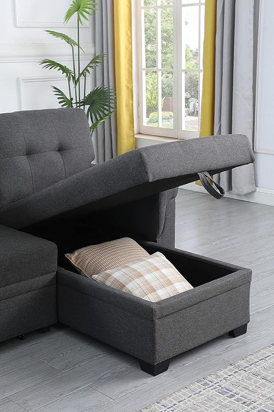 LOVMOR L-Shape Reversible Linen Fabric Sleeper Sectional Sofa with Storage Chaise, Dark Gray Corner Couch with Arms for Living Room, Home Furniture, Apartment, Dorm, 84 Inch - LeafyLoom