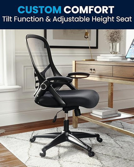 Flash Furniture Porter High-Back Swivel Office Chair with Adjustable Lumbar Support and Seat Height, Ergonomic Mesh Desk Chair with Flip-Up Armrests, Black - LeafyLoom