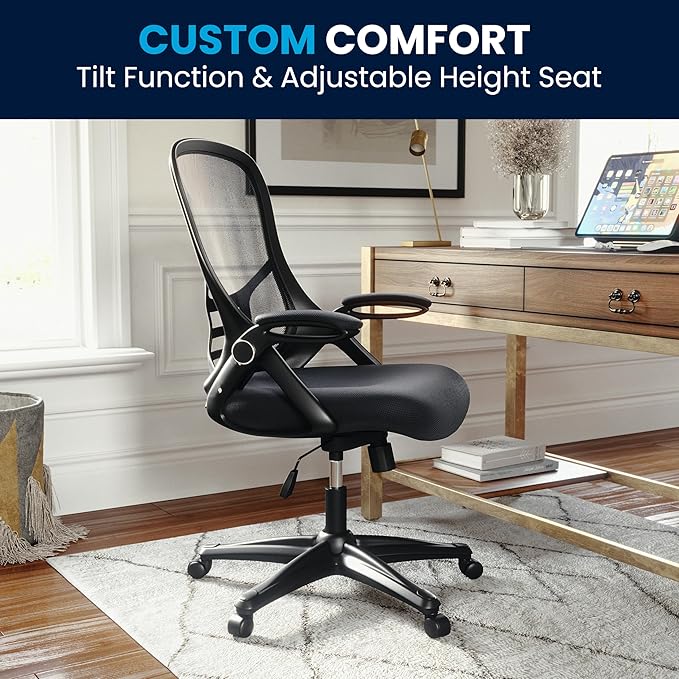 Flash Furniture Porter High-Back Swivel Office Chair with Adjustable Lumbar Support and Seat Height, Ergonomic Mesh Desk Chair with Flip-Up Armrests, Black - LeafyLoom