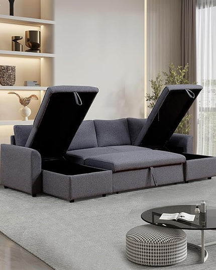 U Shaped Convertible Sectional Sofa with Double Chaise and Pull Out Bed , Fabric Upholstered Reversible Corner Couch Sleeper Sofabed w/ Storage , 5 Seater Sofacama with Throw Pillows for Living Room - LeafyLoom