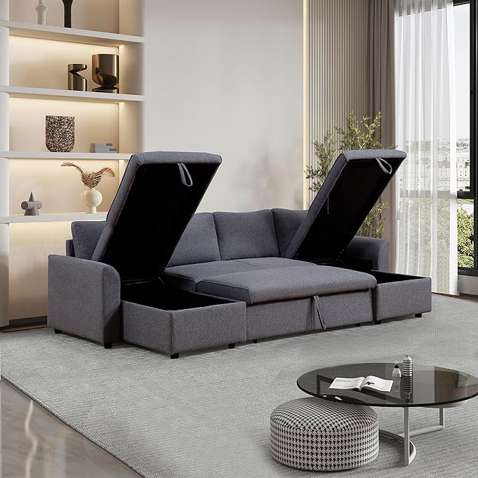 U Shaped Convertible Sectional Sofa with Double Chaise and Pull Out Bed , Fabric Upholstered Reversible Corner Couch Sleeper Sofabed w/ Storage , 5 Seater Sofacama with Throw Pillows for Living Room - LeafyLoom