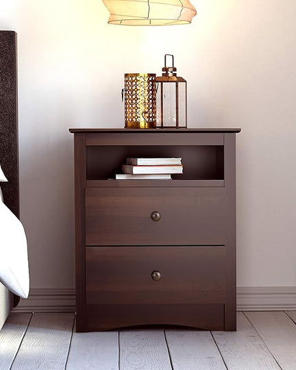 Prepac Fremont 2 Drawer Nightstand: Elegant Bedroom Furniture, Bedside Table with Open Shelf, 23.25"W x 16"D x 28"H, Espresso - EDC-2428 - LeafyLoom
