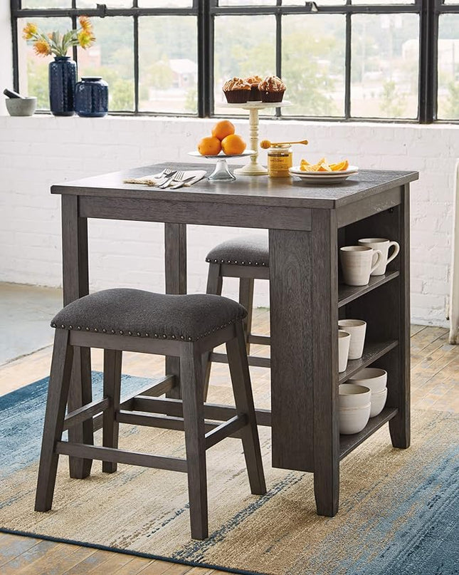 Signature Design by Ashley Caitbrook 25" Counter Height Dining Room Table Set with 2 Saddle Barstools & Storage, Gray - LeafyLoom