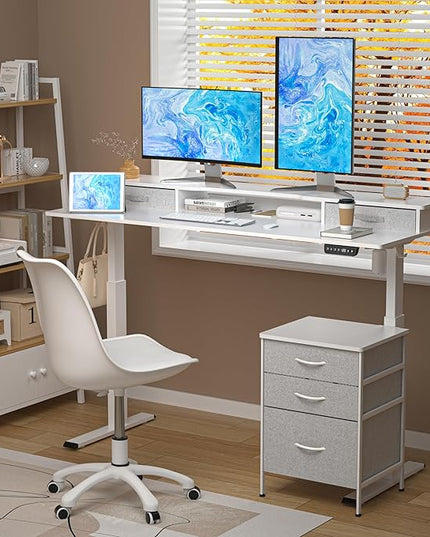 63 Inch Electric Standing Desk with Cabinet & Drawers, Height Adjustable Sit Stand Desk with Monitor Shelf, Smart Home Office Standing Computer Desk, White - LeafyLoom