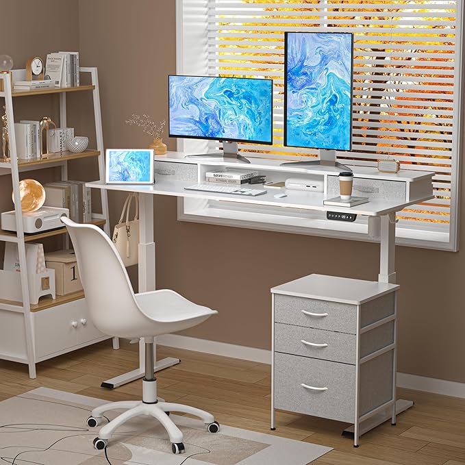 63 Inch Electric Standing Desk with Cabinet & Drawers, Height Adjustable Sit Stand Desk with Monitor Shelf, Smart Home Office Standing Computer Desk, White - LeafyLoom