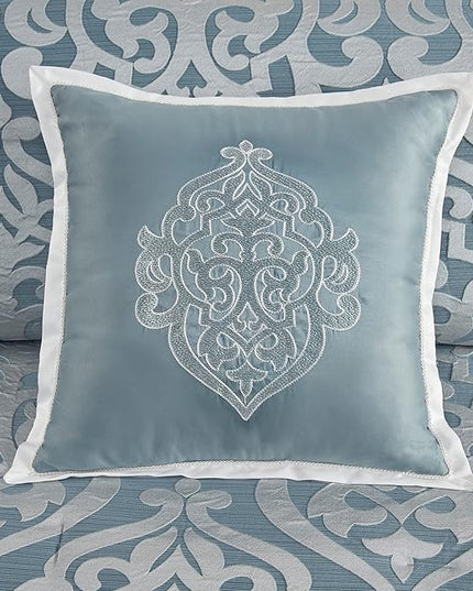 Madison Park Odette Cozy Comforter Set Jacquard Damask Medallion Design - Modern All Season, Down Alternative Bedding, Shams, Decorative Pillows, Queen(90 in x 90 in), Aqua - LeafyLoom