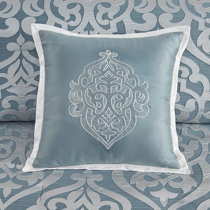 Madison Park Odette Cozy Comforter Set Jacquard Damask Medallion Design - Modern All Season, Down Alternative Bedding, Shams, Decorative Pillows, Queen(90 in x 90 in), Aqua - LeafyLoom