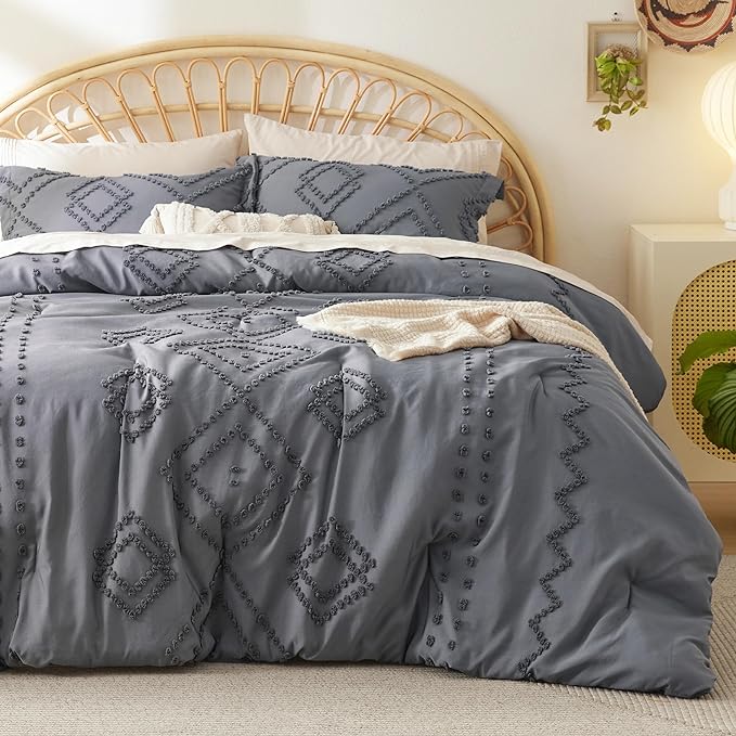 Bedsure Boho Comforter Set Queen - Dark Grey Tufted Bedding Comforter Set, 3 Pieces Farmhouse Shabby Chic Embroidery Bedding Set, Soft Geometric Pattern Comforter for All Seasons - LeafyLoom