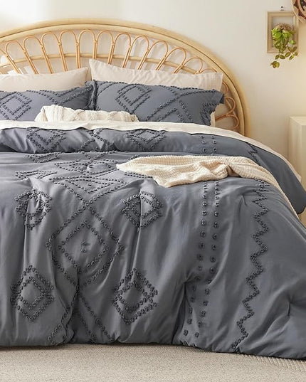 Bedsure Boho Comforter Set Full - Dark Grey Tufted Bedding Comforter Set, 3 Pieces Farmhouse Shabby Chic Embroidery Bedding Set, Soft Geometric Pattern Comforter for All Seasons - LeafyLoom