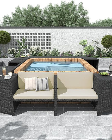 Outdoor Spa Surround Set Patio Furniture with Storage Space, Wood Seatings and Waterproof Cushions, Quadrilateral Rattan Sectional Sofa, for Backyard Deck Poolside, Onesize, Beige - LeafyLoom