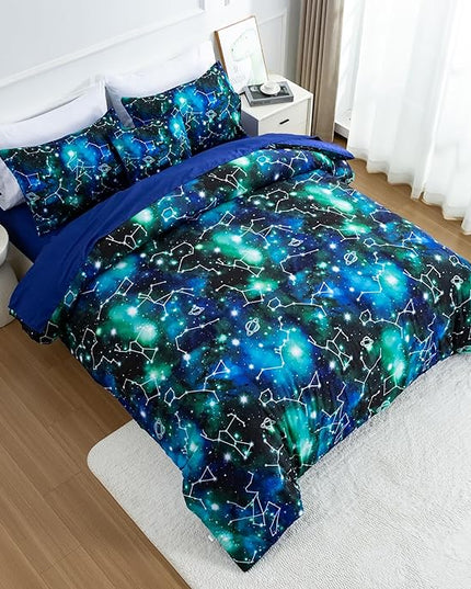 Btargot Lightweight Microfiber 6 Piece Comforter Set, Tie Dye Galaxy Constellation Pattern Bedding Set for Boys Girls Teen, Queen Black Green - LeafyLoom
