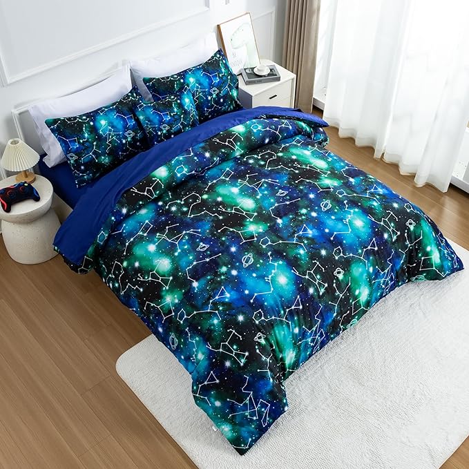 Btargot Lightweight Microfiber 6 Piece Comforter Set, Tie Dye Galaxy Constellation Pattern Bedding Set for Boys Girls Teen, Queen Black Green - LeafyLoom