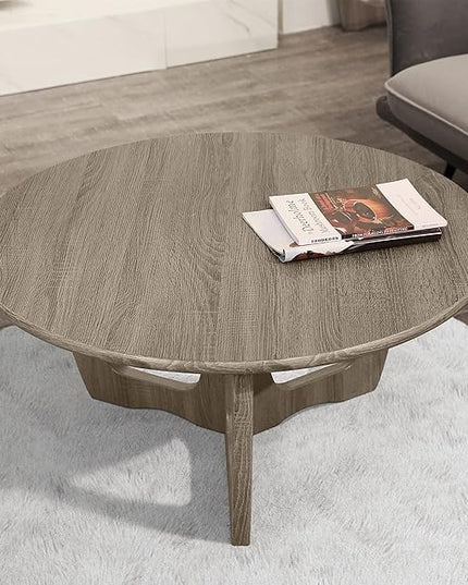 FINECASA Wooden Coffee Table, Curved Leg Coffee Table, Round Coffee Table for Living Room, Accent Couch,Home Decoration, Living Room Tables, 36 x 18 Inches, Grey - LeafyLoom