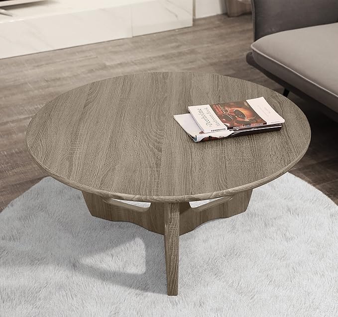 FINECASA Wooden Coffee Table, Curved Leg Coffee Table, Round Coffee Table for Living Room, Accent Couch,Home Decoration, Living Room Tables, 36 x 18 Inches, Grey - LeafyLoom