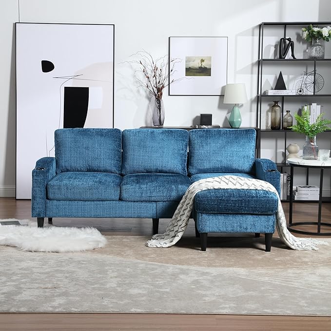 Convertible Sectional Sofa with Movable Storage Ottoman and Cupholders, 3 Seater L-Shaped Corner Couch,Chenille Upholstered Furniture w/Detachable Thicked Cushions for Living Room, Small Space - LeafyLoom