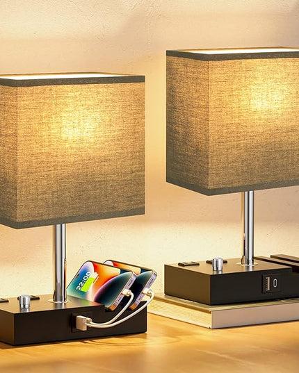 Fully Dimmable Bedside Lamps for Bedroom with USB C Ports, Kakanuo Black USB Table Lamp Set of 2, Wooden Desk Lamp with 2 Charging Outlets and Phone Stand for Nightstand and Living Room, Bulb Included - LeafyLoom