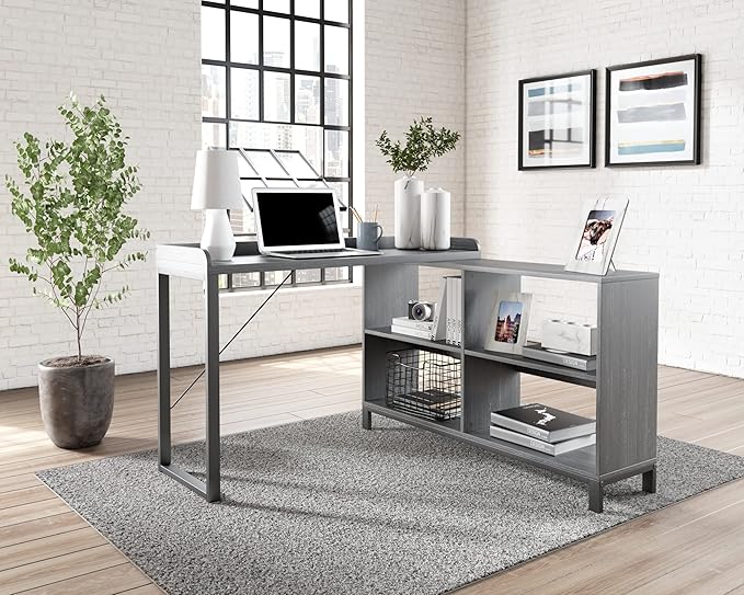 Signature Design by Ashley Yarlow Industrial Home Office L-Shaped Desk with Cube Storage, Black - LeafyLoom