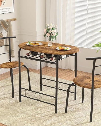 VECELO 3-Piece Dining Table Set for Kitchen Breakfast Nook, Wood Grain Oval Tabletop and Metal Frame with Built-in Wine Rack, for Small Spaces, 31.5", Antique & Black - LeafyLoom