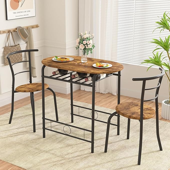 VECELO 3-Piece Dining Table Set for Kitchen Breakfast Nook, Wood Grain Oval Tabletop and Metal Frame with Built-in Wine Rack, for Small Spaces, 31.5", Antique & Black - LeafyLoom