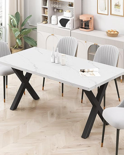 NicBex Dining Table Contemporary Kitchen Table Farmhouse Rustic 70.87" Square Dining Table with Printed White Marble Table Top+Black X-Shape Table Leg Rectangular Dining Table, White - LeafyLoom