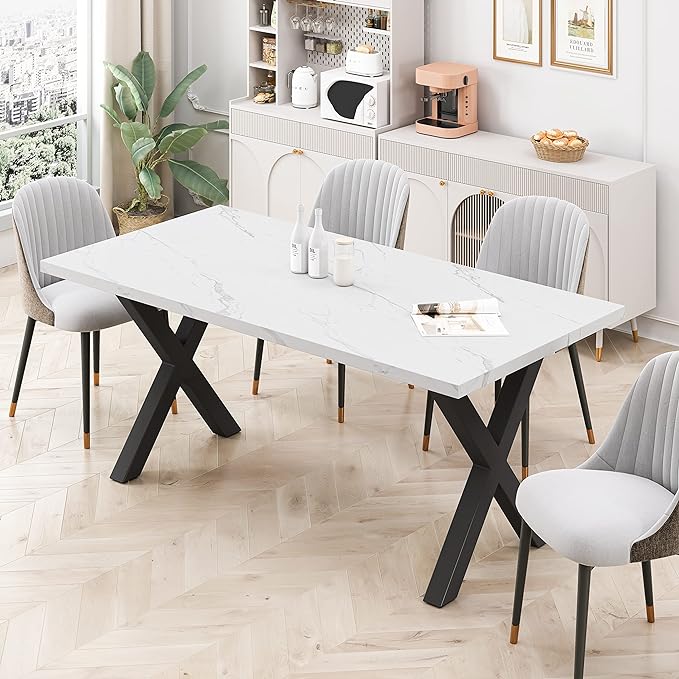 NicBex Dining Table Contemporary Kitchen Table Farmhouse Rustic 70.87" Square Dining Table with Printed White Marble Table Top+Black X-Shape Table Leg Rectangular Dining Table, White - LeafyLoom