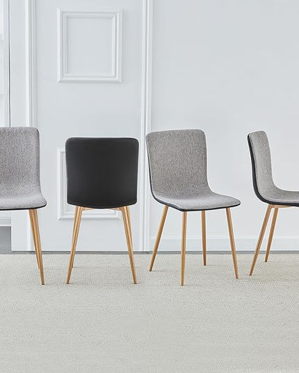 Wonder Comfort Set of 4 with Wood-Like Oka Metal Legs, Fabric Armless Accent Dining Room Side-Chair with Black Leather, Gray, PU Back - LeafyLoom