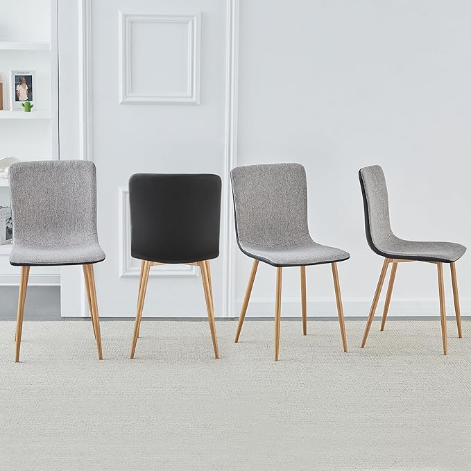 Wonder Comfort Set of 4 with Wood-Like Oka Metal Legs, Fabric Armless Accent Dining Room Side-Chair with Black Leather, Gray, PU Back - LeafyLoom