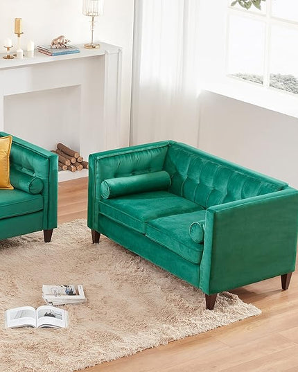 Dreamsir 58'' W Velvet Sofa, Mid-Century Love Seats Sofa Furniture with Bolster Pillows, Button Tufted Couch for Living Room, Tool-Free Assembly (Loveseat, Green) - LeafyLoom
