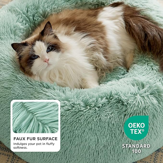 Bedsure Calming Cat Beds for Indoor Cats - Small Cat Bed Washable 20 inches, Anti-Slip Round Fluffy Plush Faux Fur Pet Bed, Fits up to 15 lbs Pets, Garden Green BEDSURE