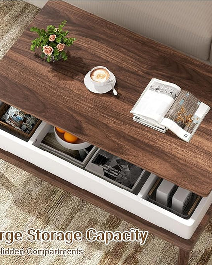 Shintenchi Coffee Table, Lift Top Coffee Table with Hidden Compartment, Rising Tabletop Dining Table, Lift Top Coffee Center Table for for Living Room, Office, Home (Walnut) - LeafyLoom