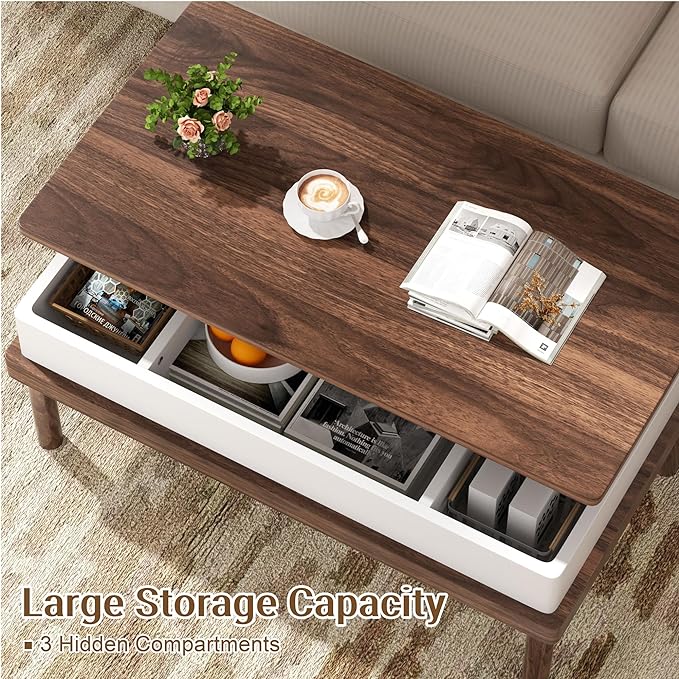 Shintenchi Coffee Table, Lift Top Coffee Table with Hidden Compartment, Rising Tabletop Dining Table, Lift Top Coffee Center Table for for Living Room, Office, Home (Walnut) - LeafyLoom
