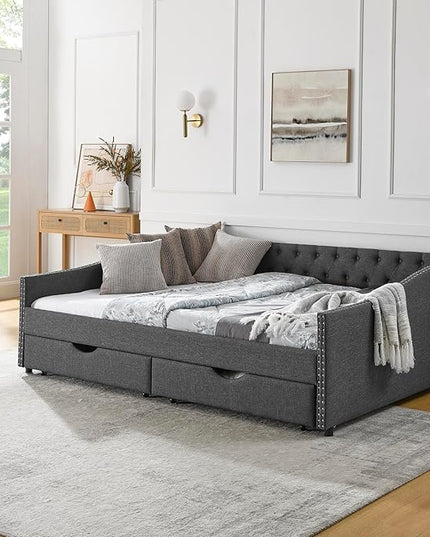 RITSU Queen Size Mid-Century Daybed, 2 Storage Drawers,Linen Button Upholstered Tufted Sofa Bed, Copper Nail on Waved Shape Arms, No Box Spring Needed,for Bedroom, Livingroom, Dark Grey, 84.50 - LeafyLoom