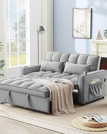 64" Oversized Loveseat Sofa Convertible Spacious Full Size Sleeper Sofabed with Pull Out Couch Bed,Cupholders,USB Charging Ports and Storage Pockets for Home Apartment Office Living Room - LeafyLoom